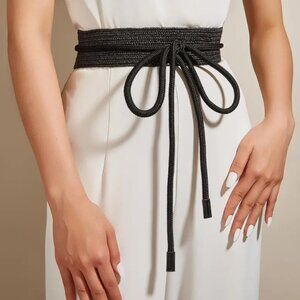 Women's Boho Black Woven Braided Tie Wide Stretch Belt